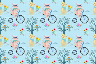 Cute Cartoon Cat on Bicycle in Garden: A Versatile Seamless Pattern for Creative Projects